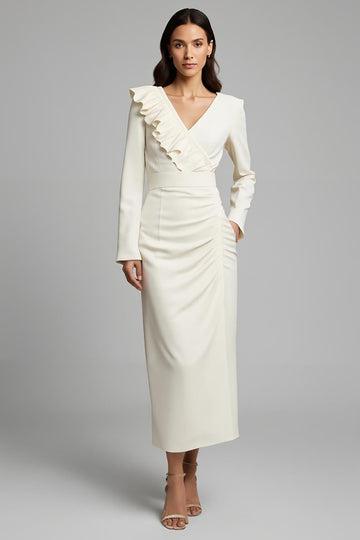 Ivory Sheath Long Sleeve Work Dress With Ruffles